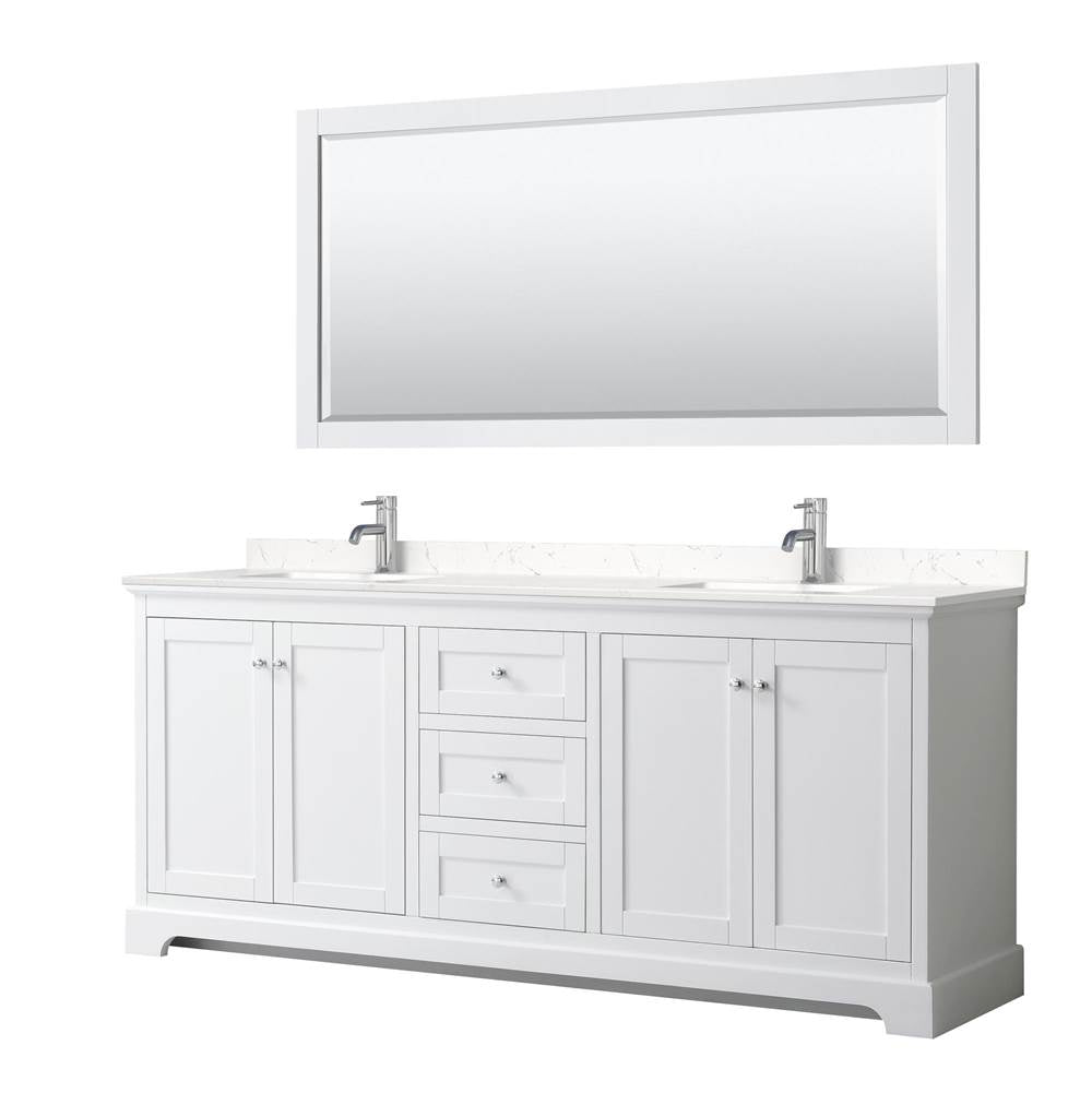 Wyndham Collection - Avery 80 Inch Double Bathroom Vanity in White, Carrara Cultured Marble Countertop, Undermount Square Sinks, 70 Inch Mirror