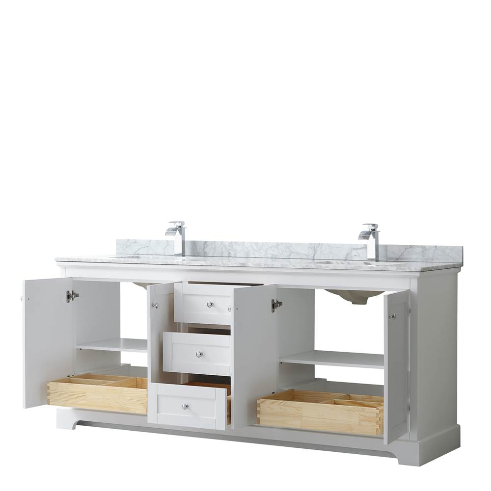 Avery 80 Inch Double Bathroom Vanity in Dark Blue, White Carrara Marble Countertop, Undermount Square Sinks, and No Mirror