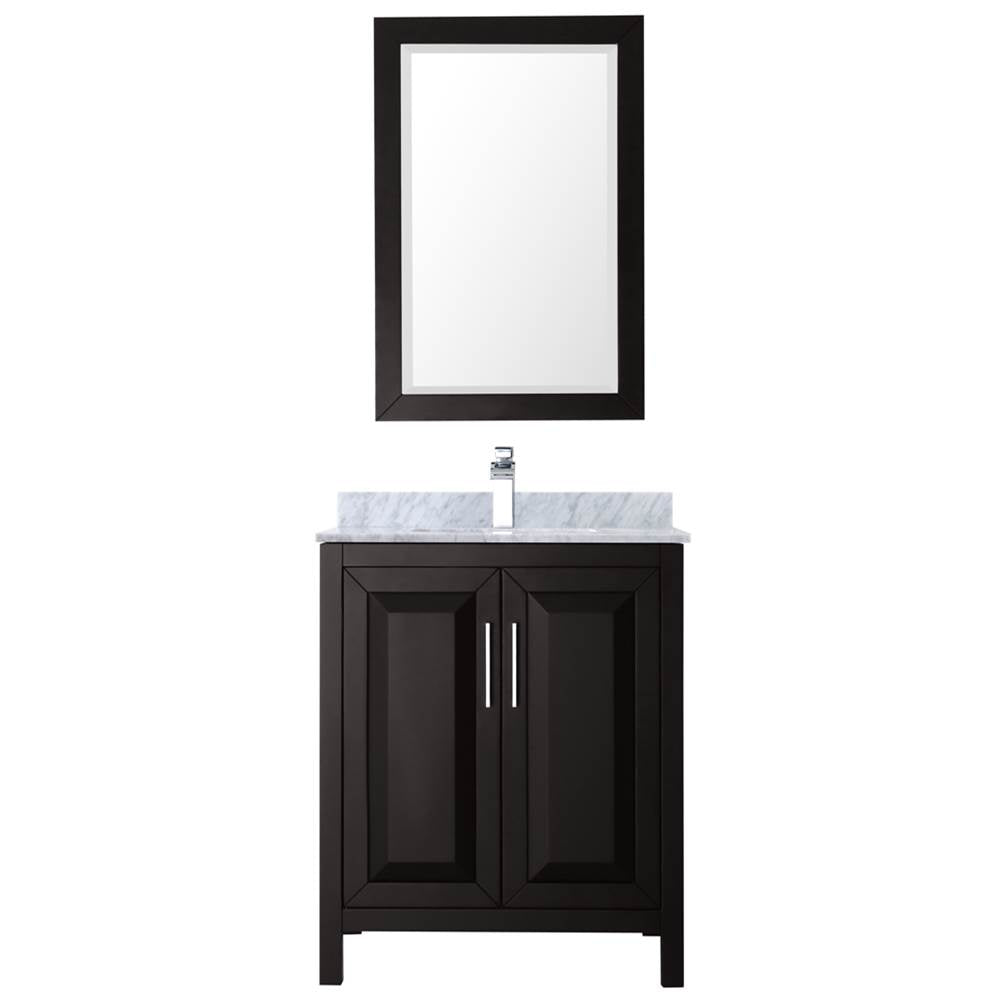 Daria 30 Inch Single Bathroom Vanity in Dark Blue, White Carrara Marble Countertop, Undermount Square Sink, 24 Inch Mirror