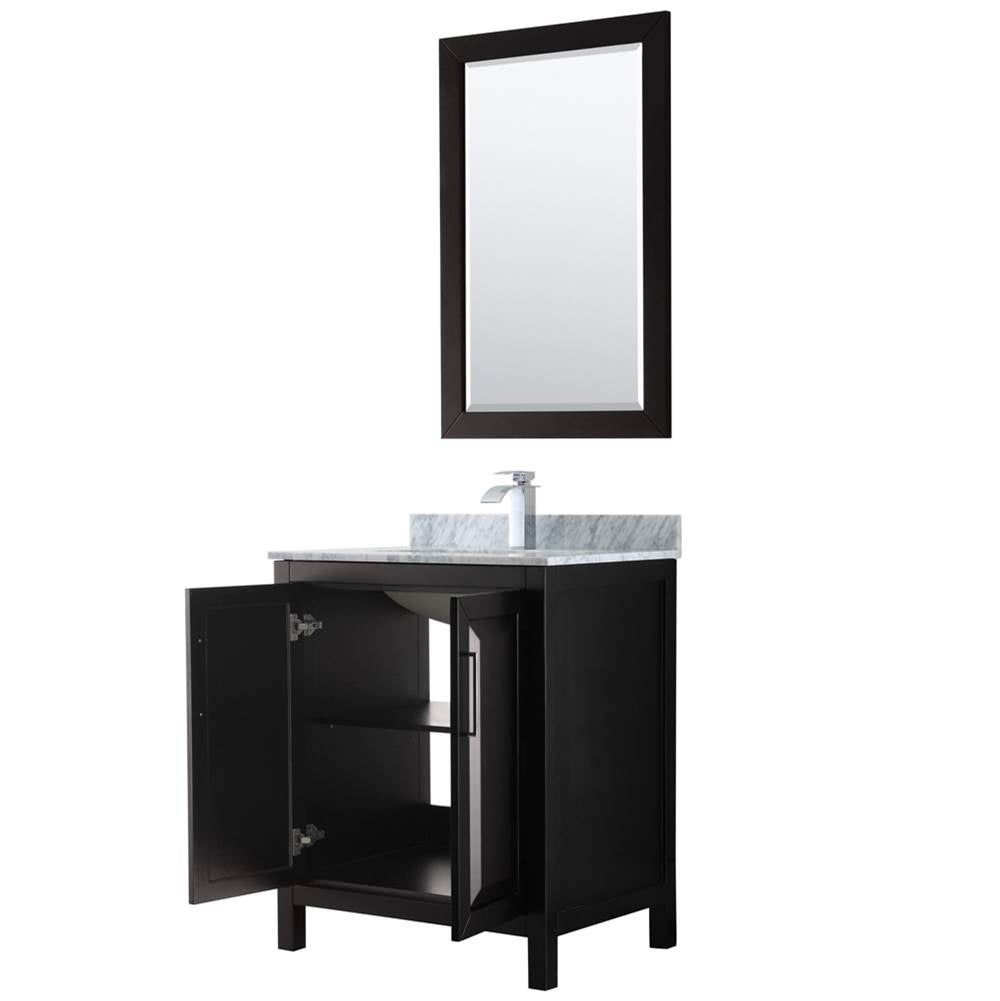 Daria 30 Inch Single Bathroom Vanity in Dark Blue, White Carrara Marble Countertop, Undermount Square Sink, 24 Inch Mirror