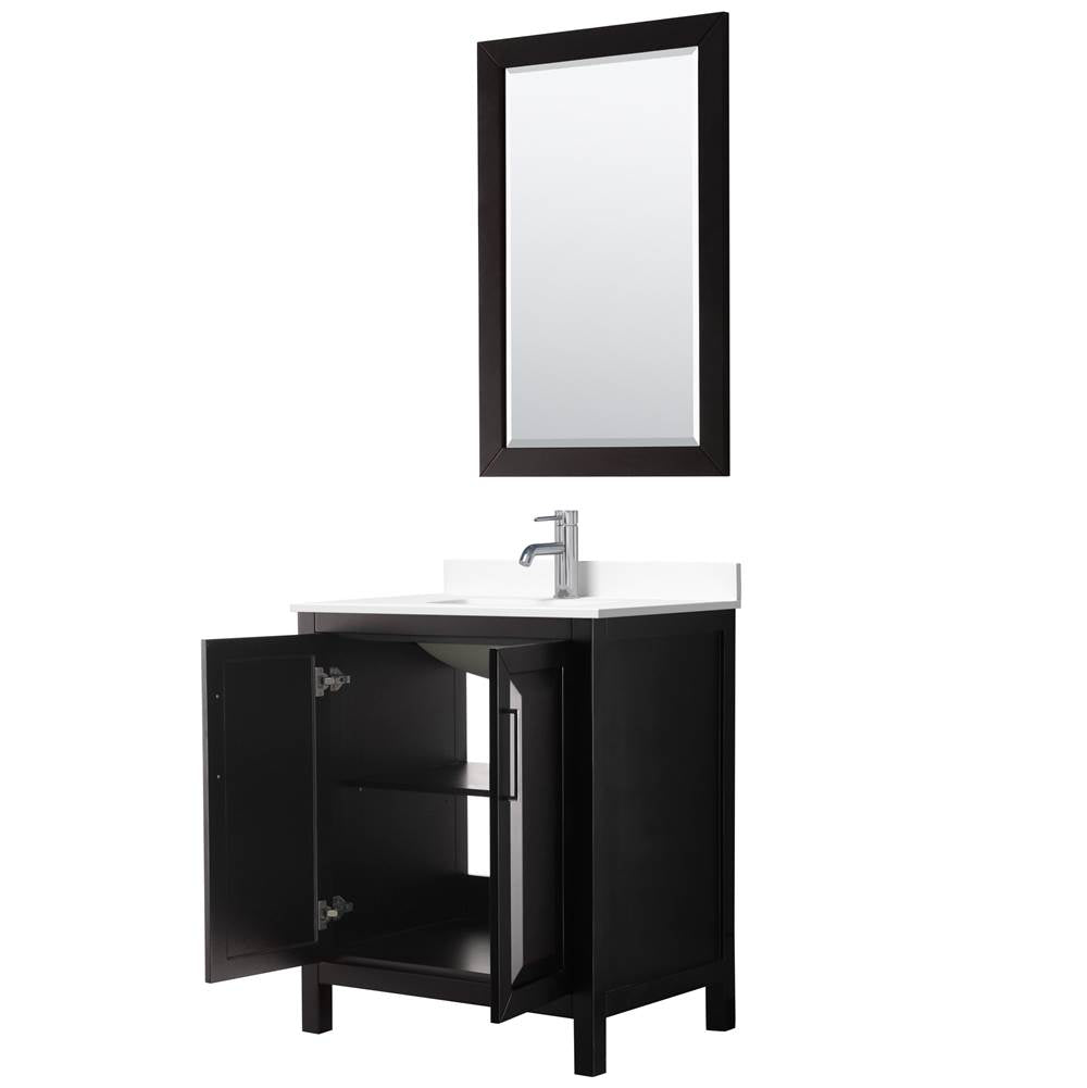 Daria 30 Inch Single Bathroom Vanity in Dark Espresso, White Cultured Marble Countertop, Undermount Square Sink, 24 Inch Mirror
