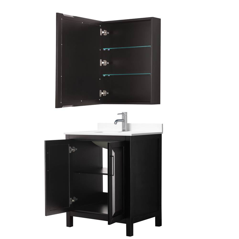 Daria 30 Inch Single Bathroom Vanity in Dark Espresso, White Cultured Marble Countertop, Undermount Square Sink, Medicine Cabinet