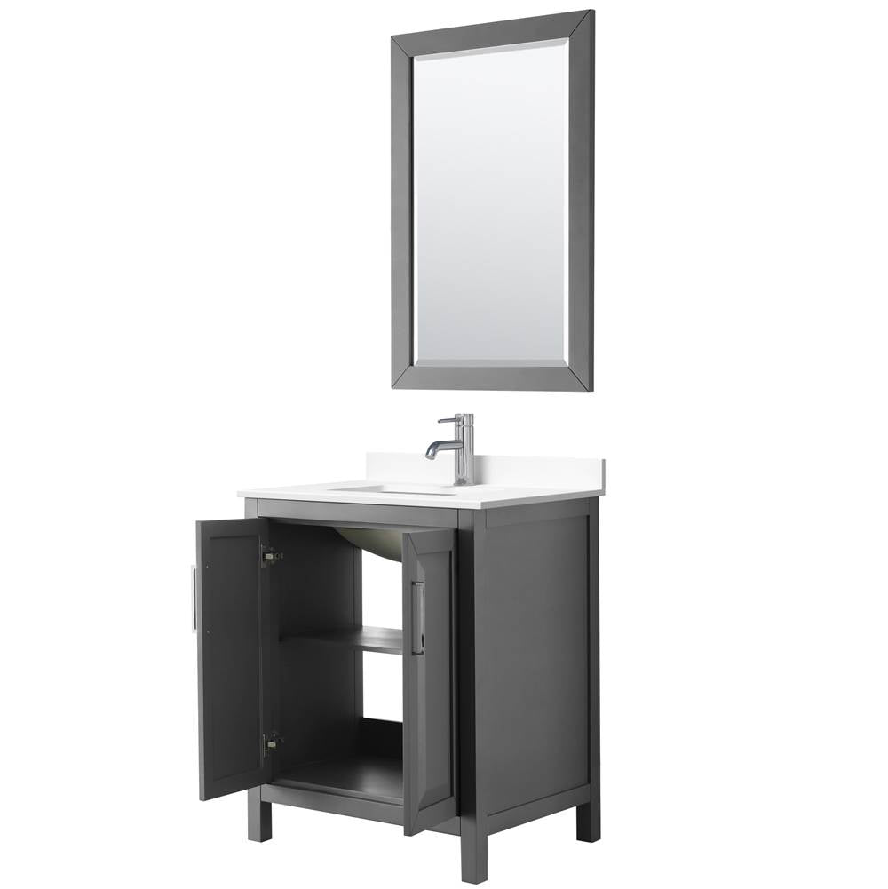 Daria 30 Inch Single Bathroom Vanity in Dark Gray, White Cultured Marble Countertop, Undermount Square Sink, 24 Inch Mirror