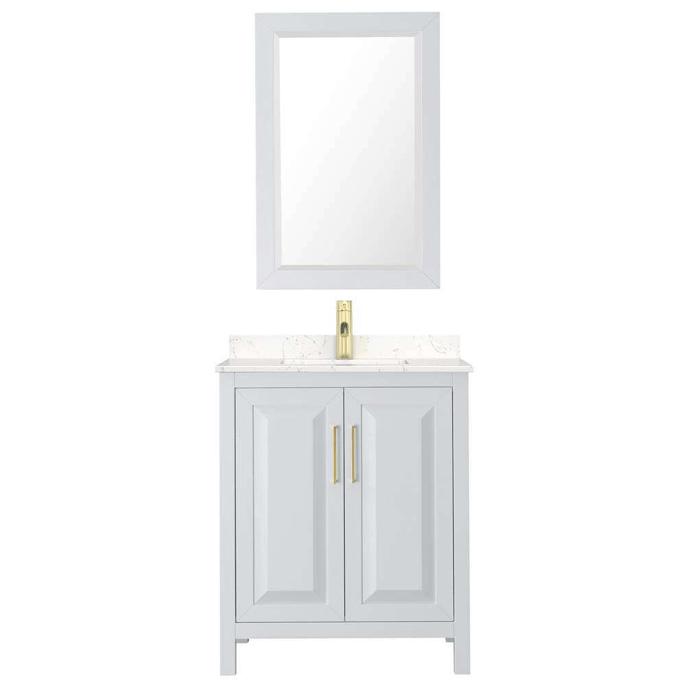 Daria 30 Inch Single Bathroom Vanity in White, Carrara Cultured Marble Countertop, Undermount Square Sink, 24 Inch Mirror, Brushed Gold Trim
