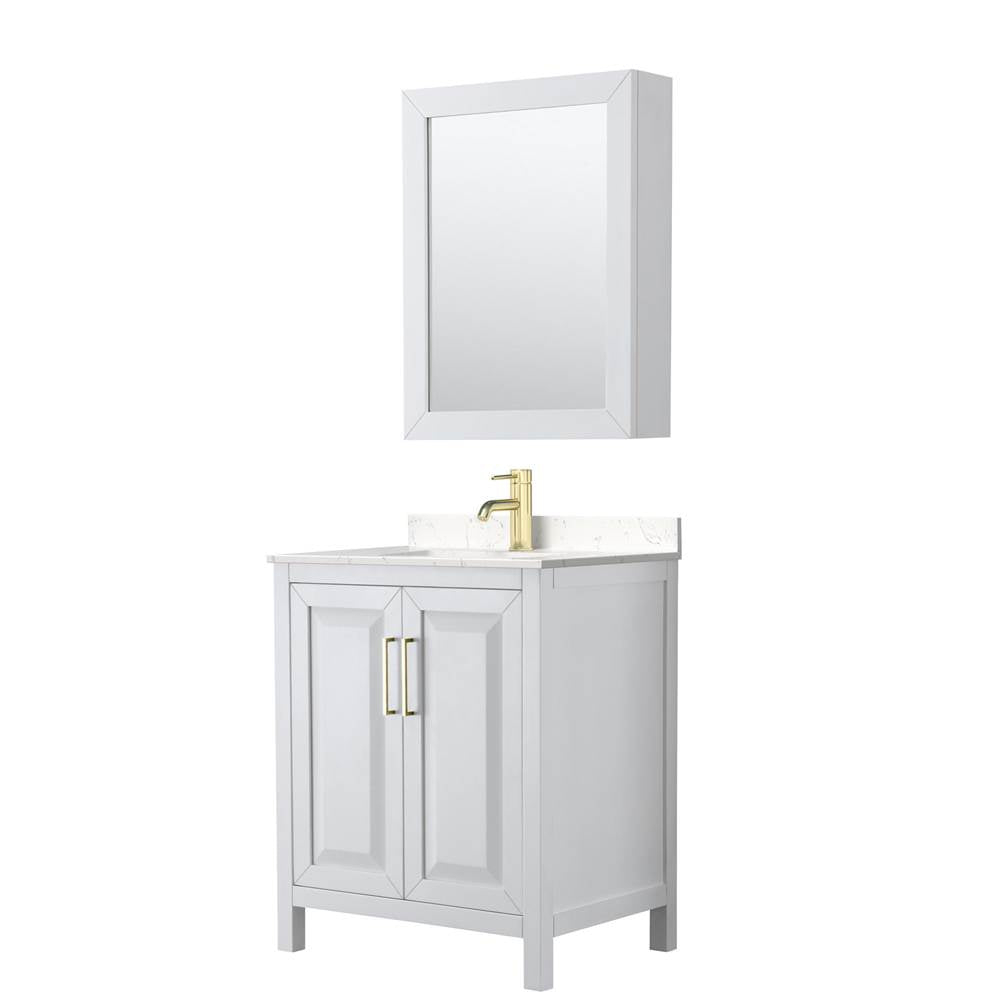 Wyndham Collection - Daria 30 Inch Single Bathroom Vanity in White, Carrara Cultured Marble Countertop, Undermount Square Sink, Medicine Cabinet, Brushed Gold Trim