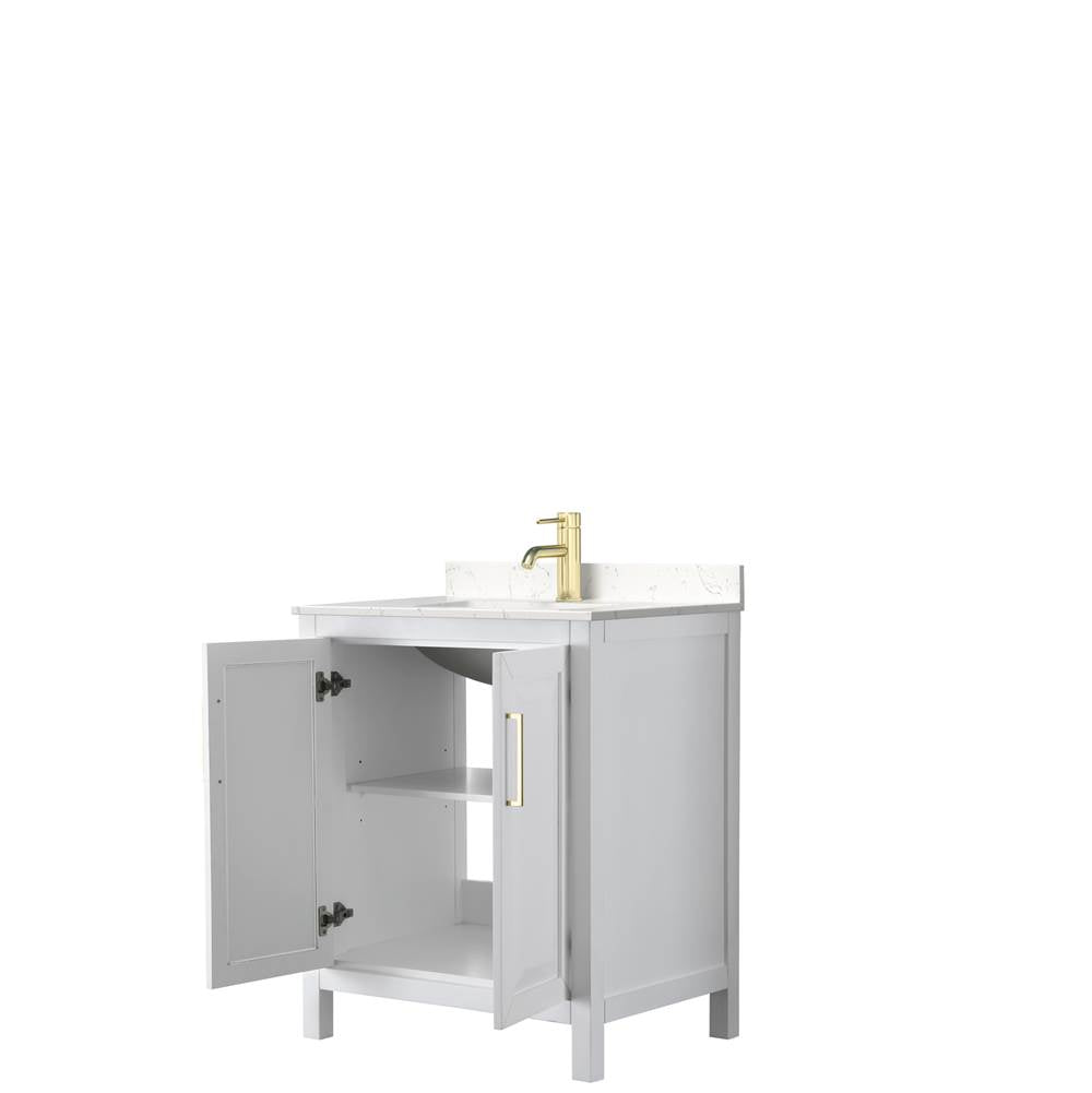 Daria 30 Inch Single Bathroom Vanity in White, Carrara Cultured Marble Countertop, Undermount Square Sink, Brushed Gold Trim
