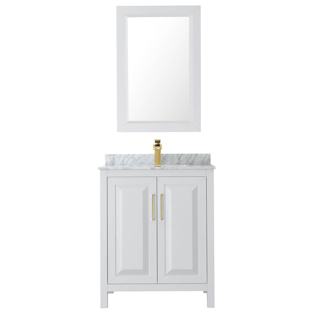 Daria 30 Inch Single Bathroom Vanity in White, White Carrara Marble Countertop, Undermount Square Sink, 24 Inch Mirror, Brushed Gold Trim