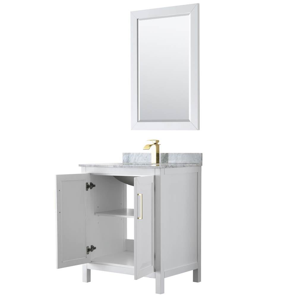 Daria 30 Inch Single Bathroom Vanity in White, White Carrara Marble Countertop, Undermount Square Sink, 24 Inch Mirror, Brushed Gold Trim