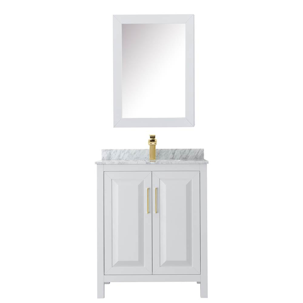 Daria 30 Inch Single Bathroom Vanity in White, White Carrara Marble Countertop, Undermount Square Sink, Medicine Cabinet, Brushed Gold Trim