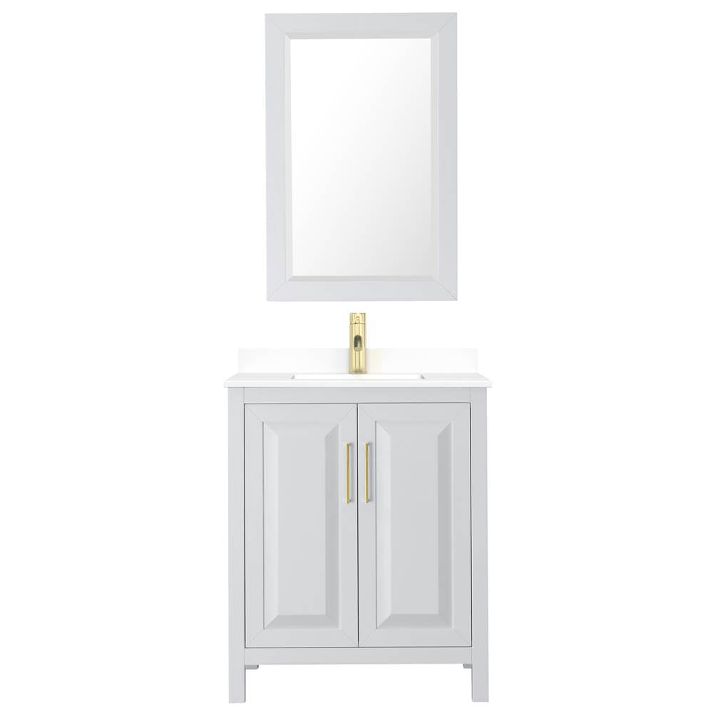 Daria 30 Inch Single Bathroom Vanity in White, White Cultured Marble Countertop, Undermount Square Sink, 24 Inch Mirror, Brushed Gold Trim