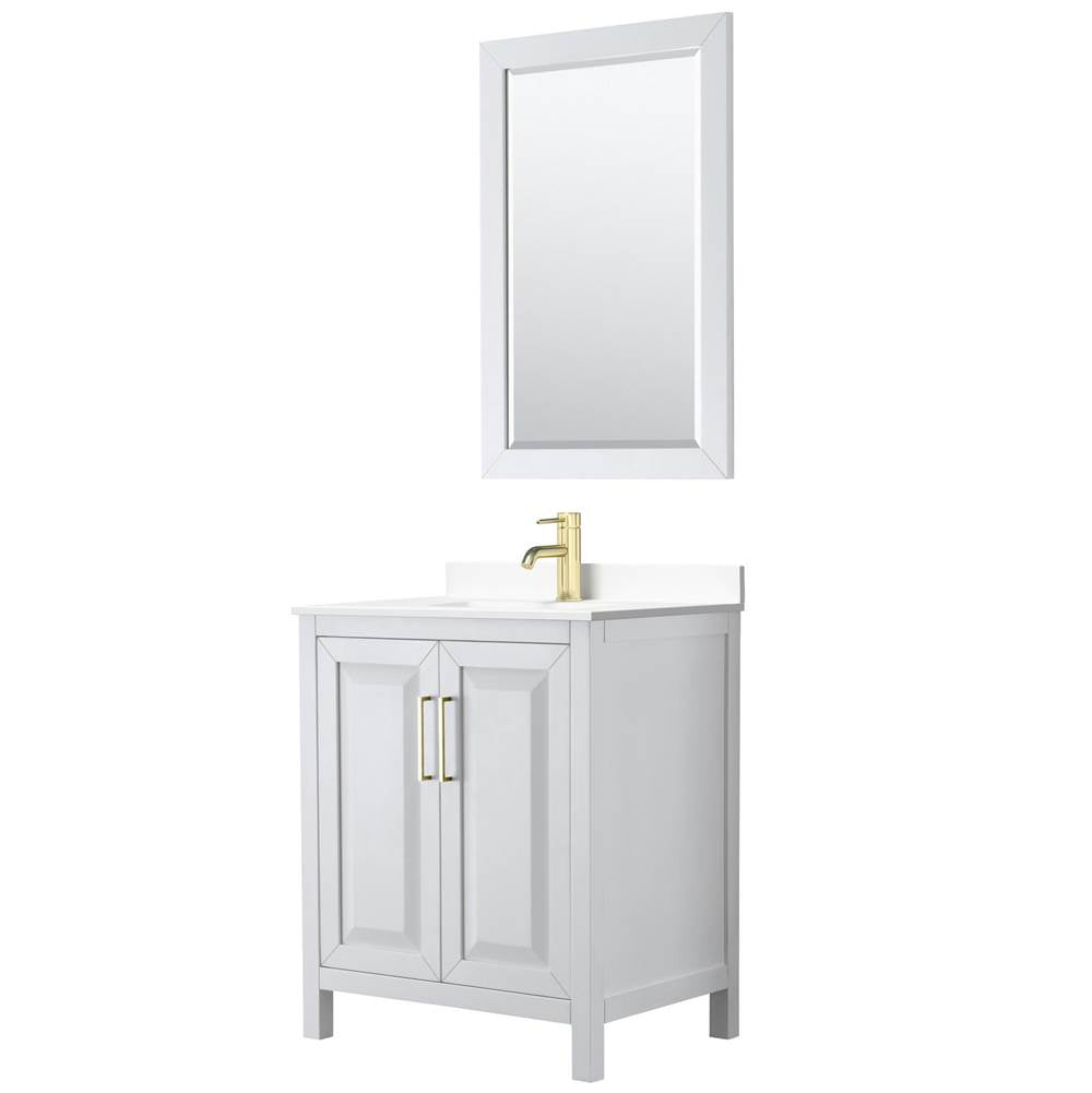Wyndham Collection - Daria 30 Inch Single Bathroom Vanity in White, White Cultured Marble Countertop, Undermount Square Sink, 24 Inch Mirror, Brushed Gold Trim