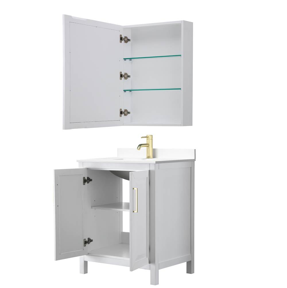 Daria 30 Inch Single Bathroom Vanity in White, White Cultured Marble Countertop, Undermount Square Sink, Medicine Cabinet, Brushed Gold Trim