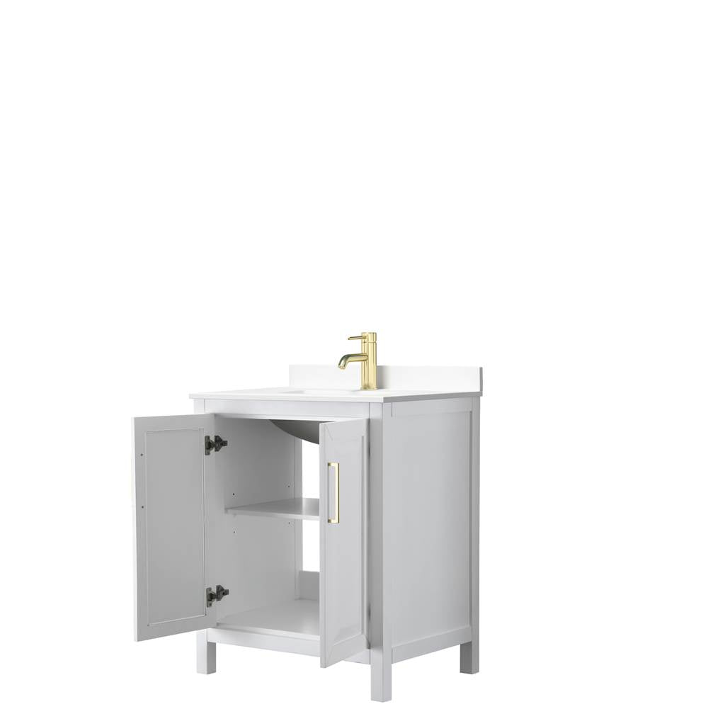 Daria 30 Inch Single Bathroom Vanity in White, White Cultured Marble Countertop, Undermount Square Sink, Brushed Gold Trim