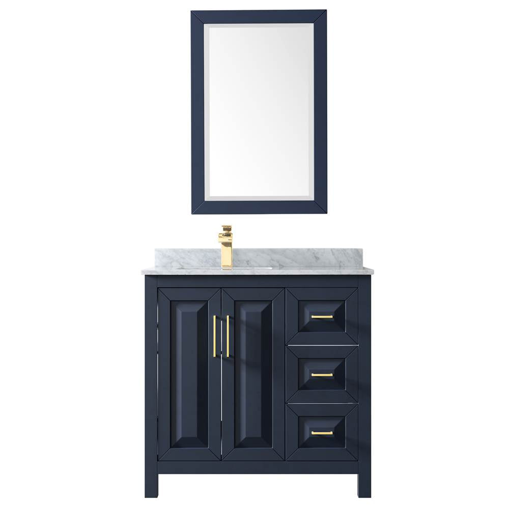 Daria 36 Inch Single Bathroom Vanity in Dark Blue, White Carrara Marble Countertop, Undermount Square Sink, 24 Inch Mirror