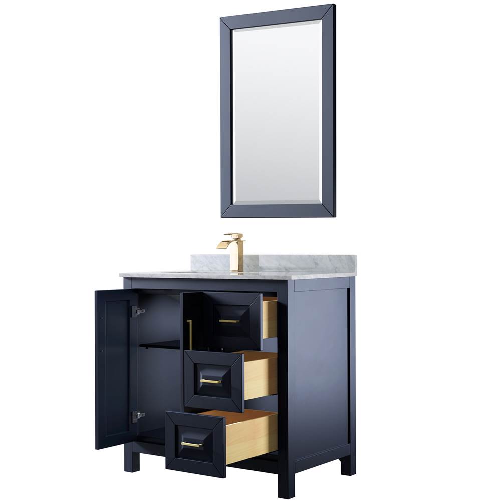 Daria 36 Inch Single Bathroom Vanity in Dark Blue, White Carrara Marble Countertop, Undermount Square Sink, 24 Inch Mirror