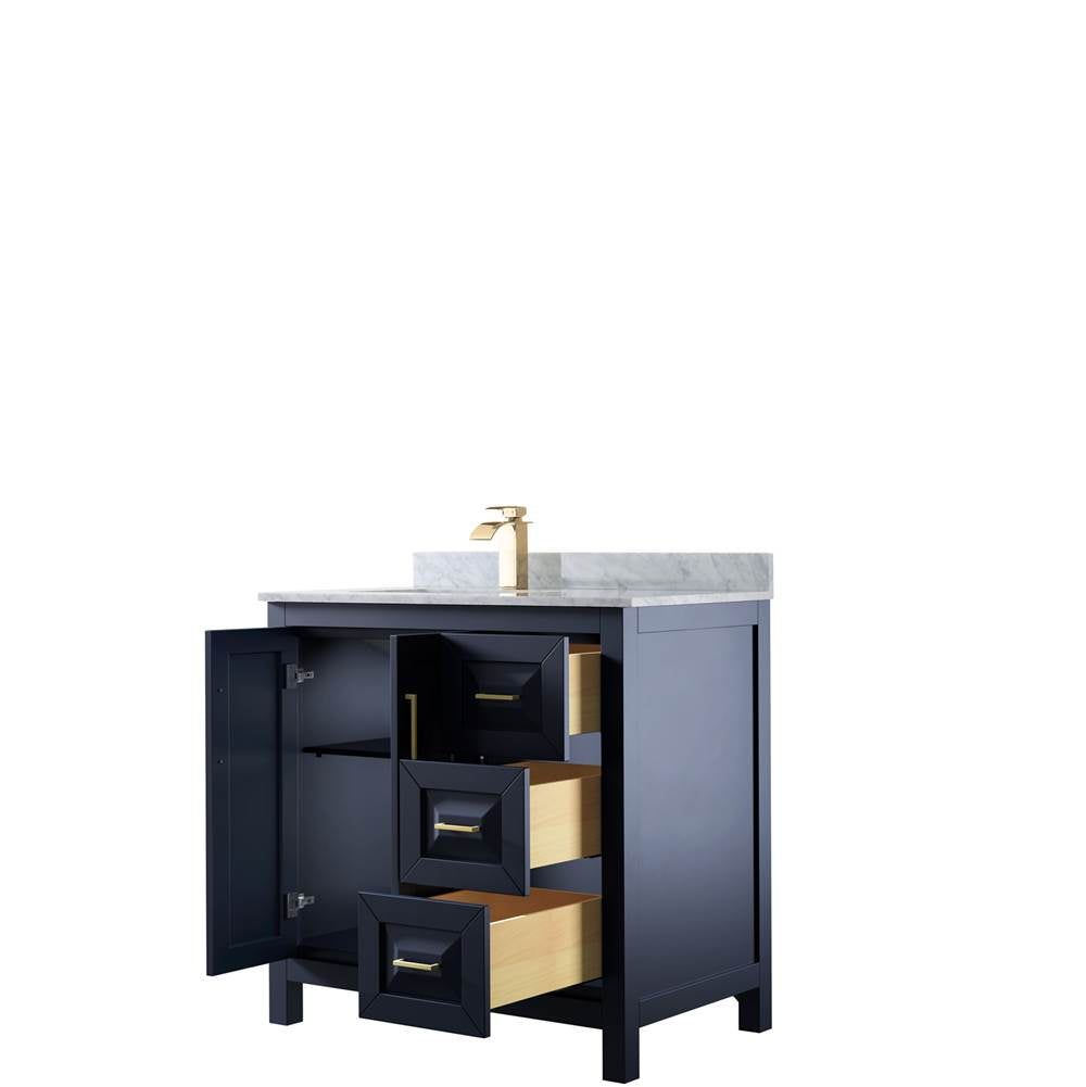 Daria 36 Inch Single Bathroom Vanity in Dark Blue, White Carrara Marble Countertop, Undermount Square Sink, No Mirror