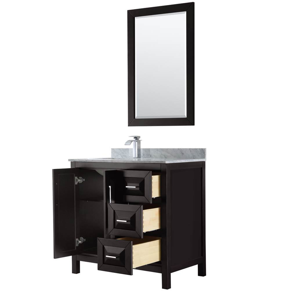 Daria 36 Inch Single Bathroom Vanity in Dark Blue, White Carrara Marble Countertop, Undermount Square Sink, 24 Inch Mirror