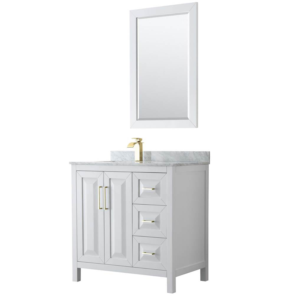 Wyndham Collection - Daria 36 Inch Single Bathroom Vanity in White, White Carrara Marble Countertop, Undermount Square Sink, 24 Inch Mirror, Brushed Gold Trim