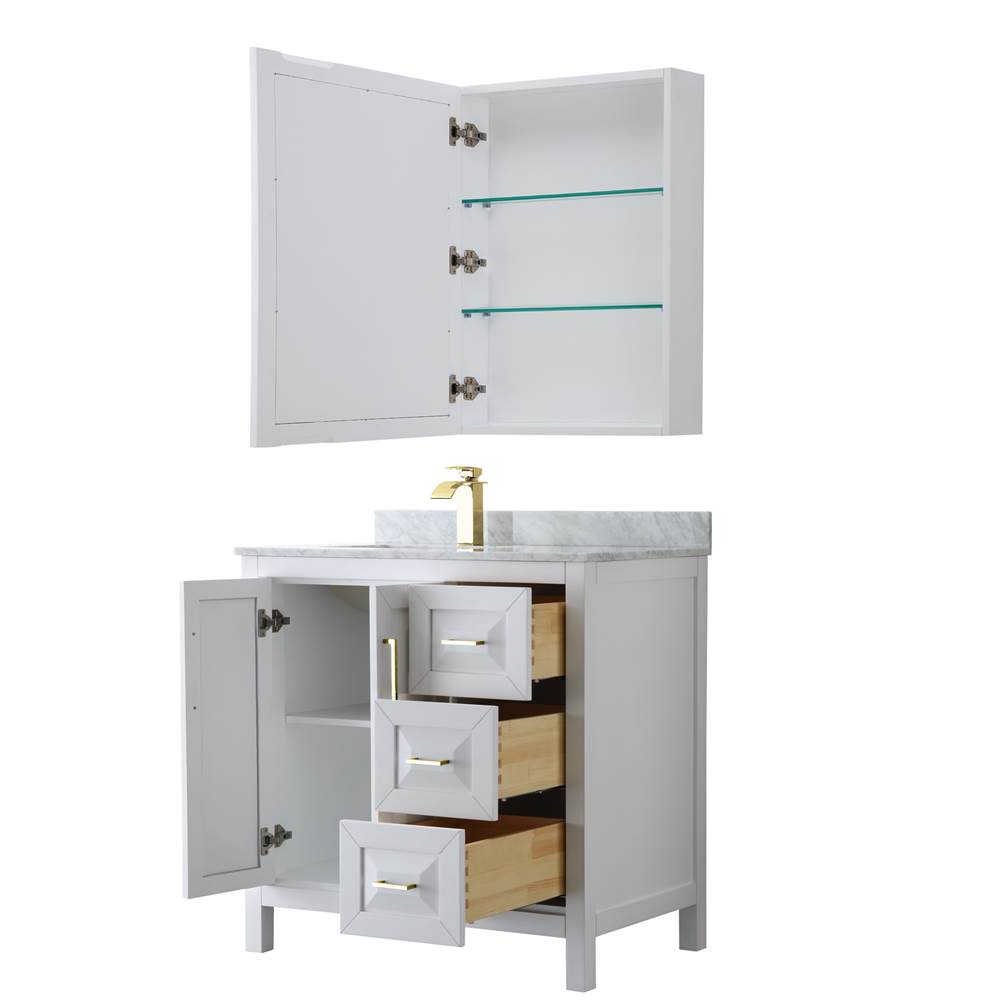 Daria 36 Inch Single Bathroom Vanity in White, White Carrara Marble Countertop, Undermount Square Sink, Medicine Cabinet, Brushed Gold Trim
