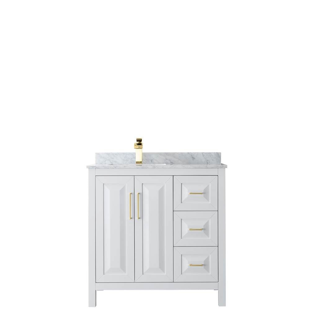 Daria 36 Inch Single Bathroom Vanity in White, White Carrara Marble Countertop, Undermount Square Sink, Brushed Gold Trim