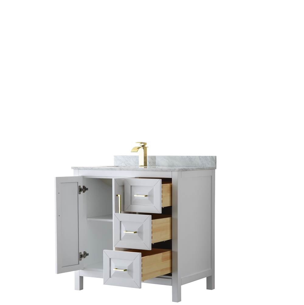 Daria 36 Inch Single Bathroom Vanity in White, White Carrara Marble Countertop, Undermount Square Sink, Brushed Gold Trim