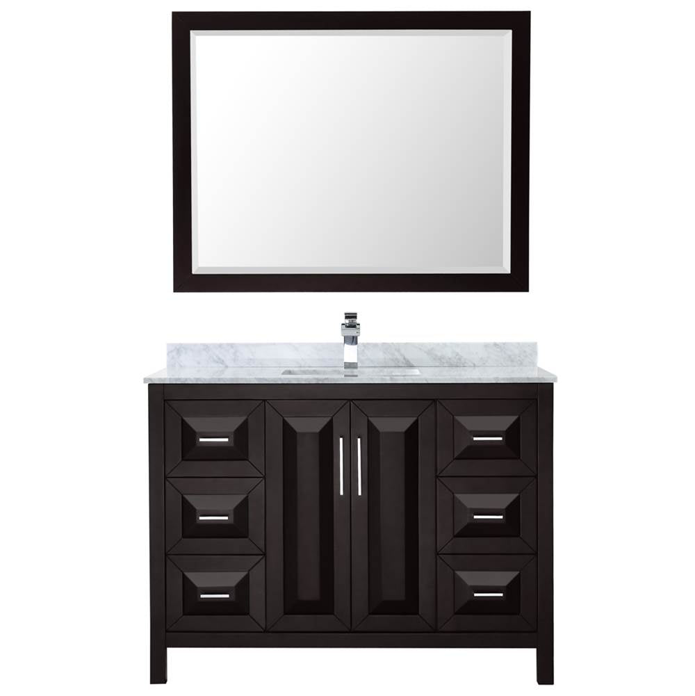 Daria 48 Inch Single Bathroom Vanity in Dark Blue, White Carrara Marble Countertop, Undermount Square Sink, 46 Inch Mirror
