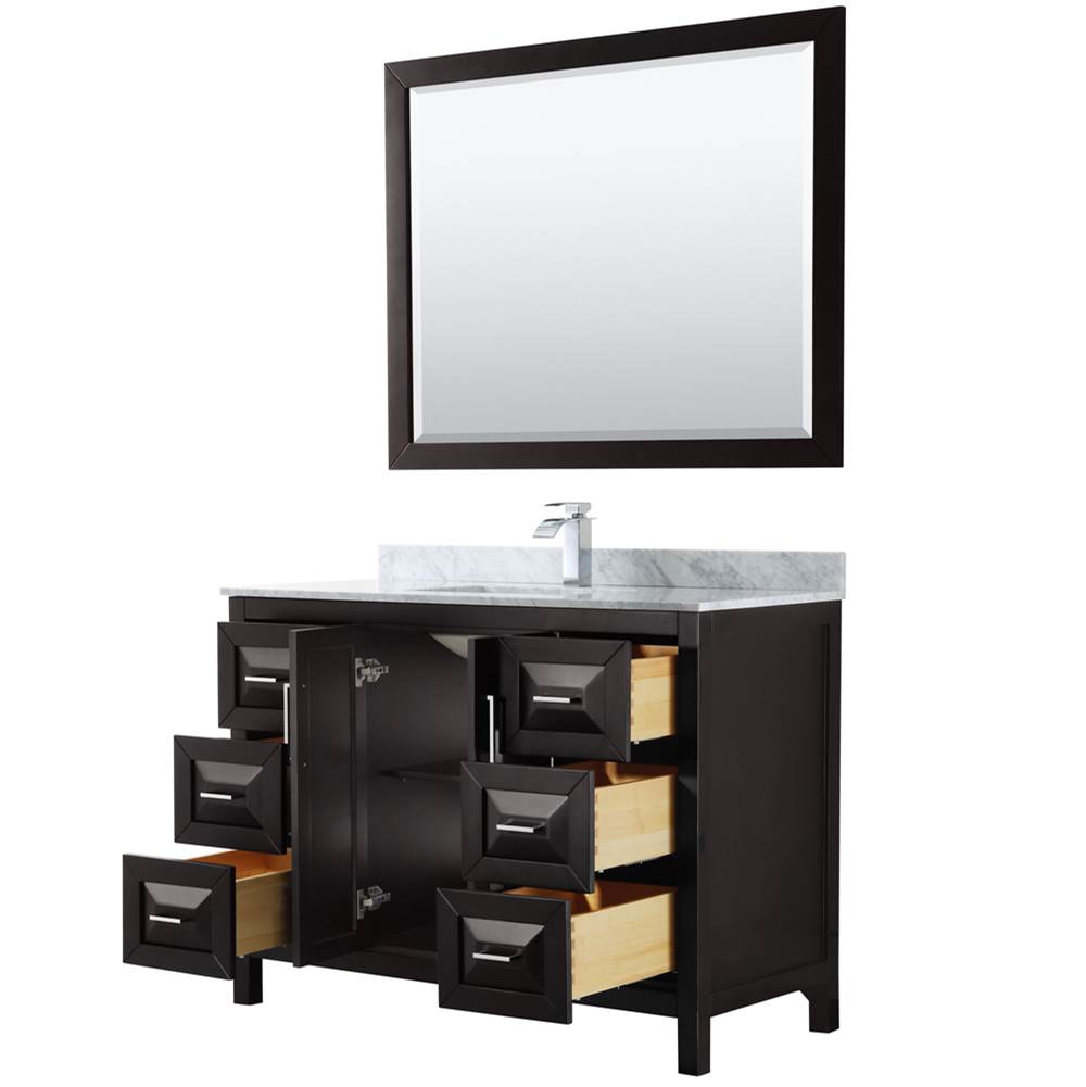 Daria 48 Inch Single Bathroom Vanity in Dark Blue, White Carrara Marble Countertop, Undermount Square Sink, 46 Inch Mirror