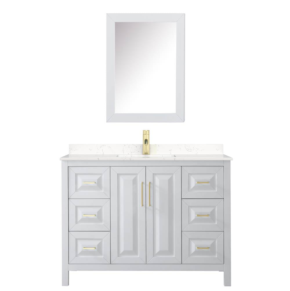 Daria 48 Inch Single Bathroom Vanity in White, Carrara Cultured Marble Countertop, Undermount Square Sink, Medicine Cabinet, Brushed Gold Trim