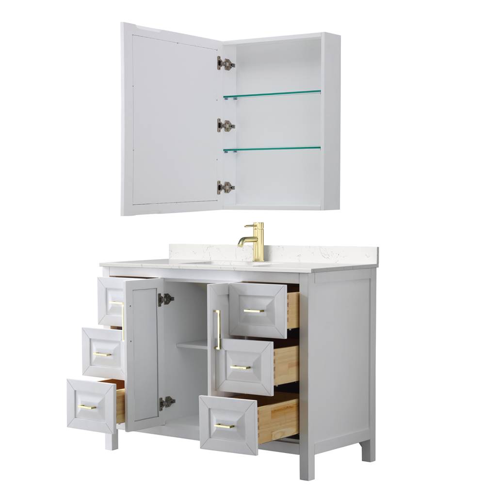 Daria 48 Inch Single Bathroom Vanity in White, Carrara Cultured Marble Countertop, Undermount Square Sink, Medicine Cabinet, Brushed Gold Trim
