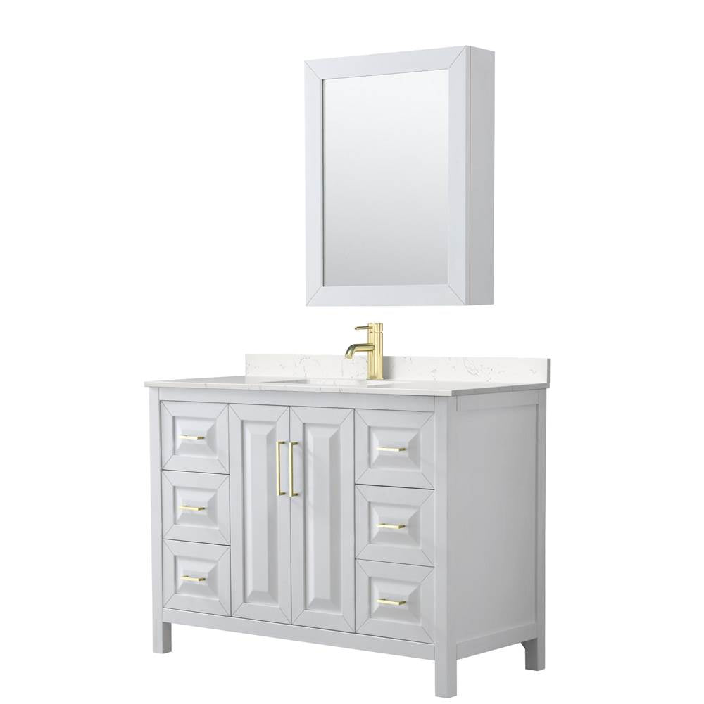 Wyndham Collection - Daria 48 Inch Single Bathroom Vanity in White, Carrara Cultured Marble Countertop, Undermount Square Sink, Medicine Cabinet, Brushed Gold Trim