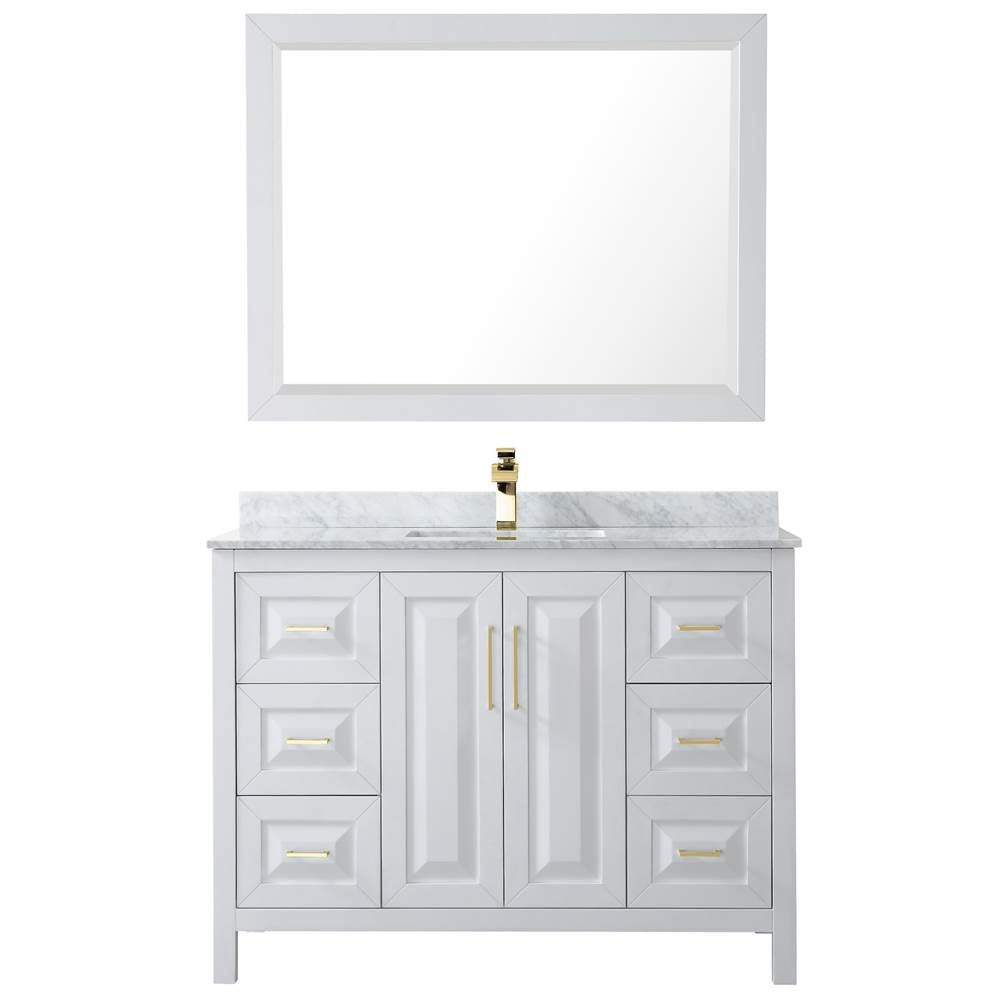 Daria 48 Inch Single Bathroom Vanity in White, White Carrara Marble Countertop, Undermount Square Sink, 46 Inch Mirror, Brushed Gold Trim