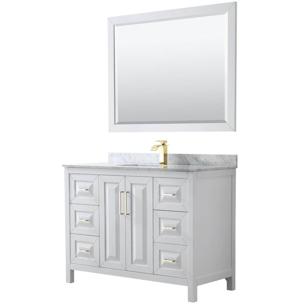 Wyndham Collection - Daria 48 Inch Single Bathroom Vanity in White, White Carrara Marble Countertop, Undermount Square Sink, 46 Inch Mirror, Brushed Gold Trim