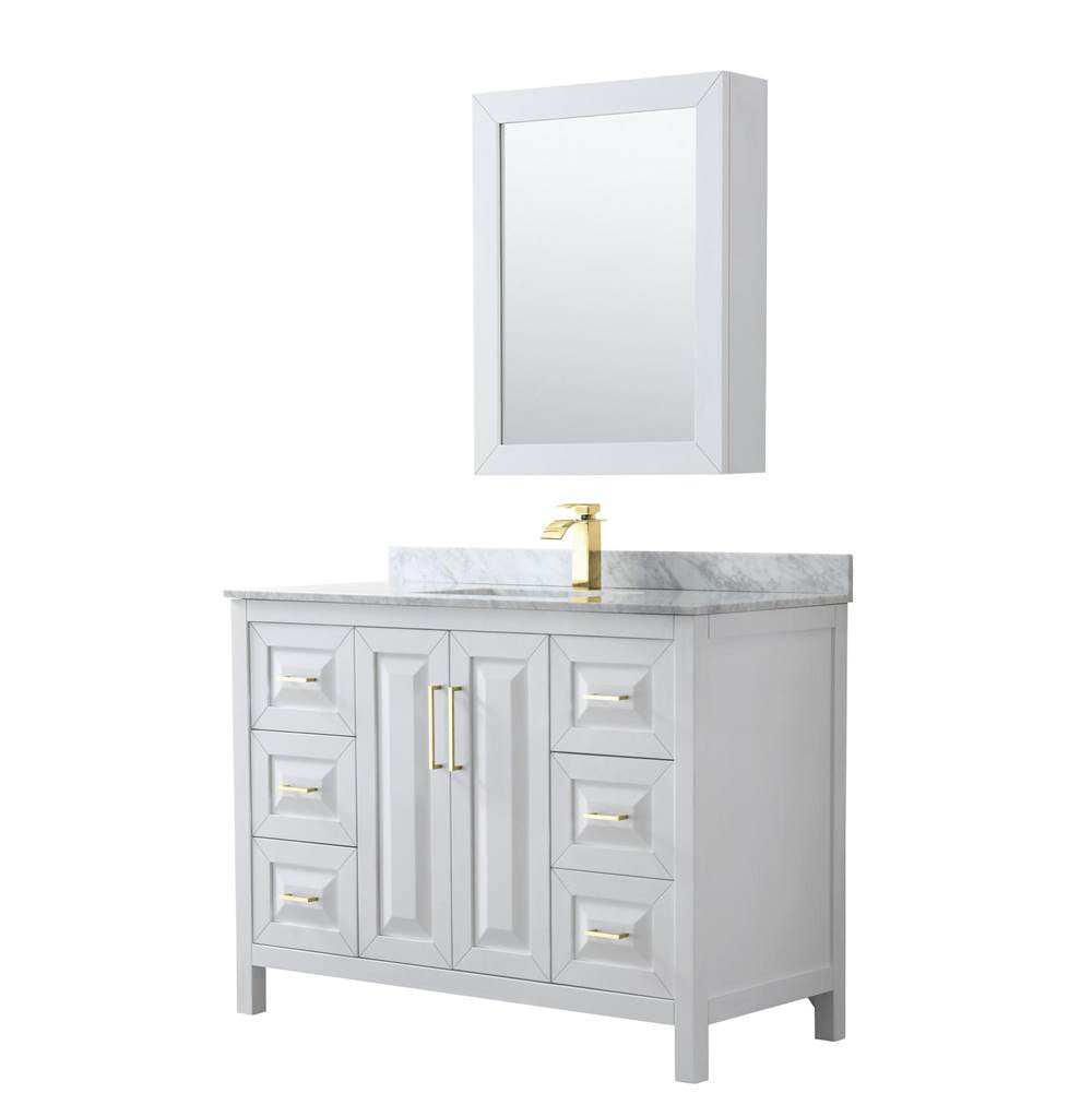 Wyndham Collection - Daria 48 Inch Single Bathroom Vanity in White, White Carrara Marble Countertop, Undermount Square Sink, Medicine Cabinet, Brushed Gold Trim