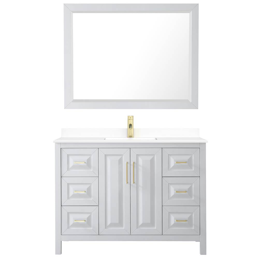 Daria 48 Inch Single Bathroom Vanity in White, White Cultured Marble Countertop, Undermount Square Sink, 46 Inch Mirror, Brushed Gold Trim