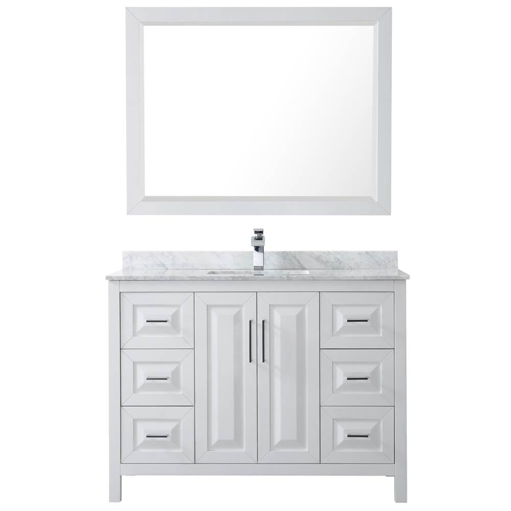 Daria 48 Inch Single Bathroom Vanity in Dark Blue, White Carrara Marble Countertop, Undermount Square Sink, 46 Inch Mirror