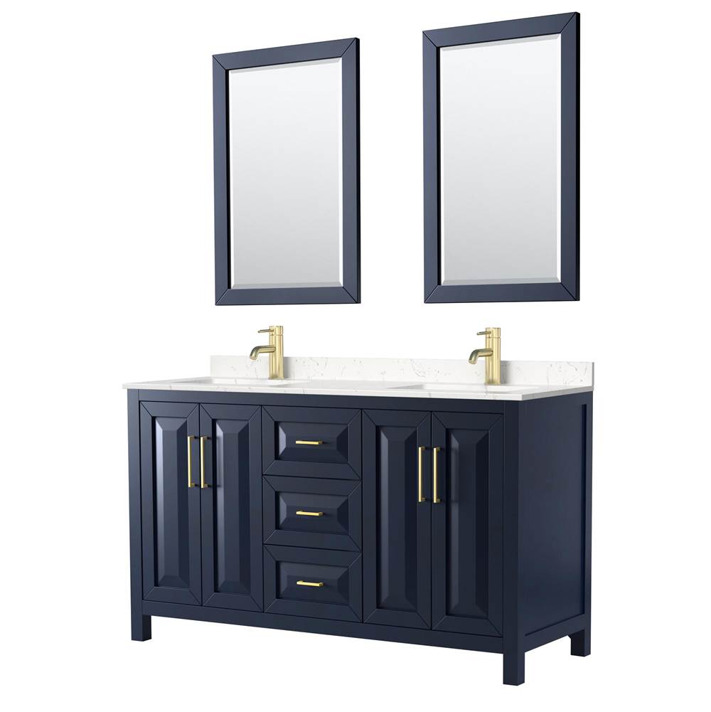 Wyndham Collection - Daria 60 Inch Double Bathroom Vanity in Dark Blue, Carrara Cultured Marble Countertop, Undermount Square Sinks, 24 Inch Mirrors
