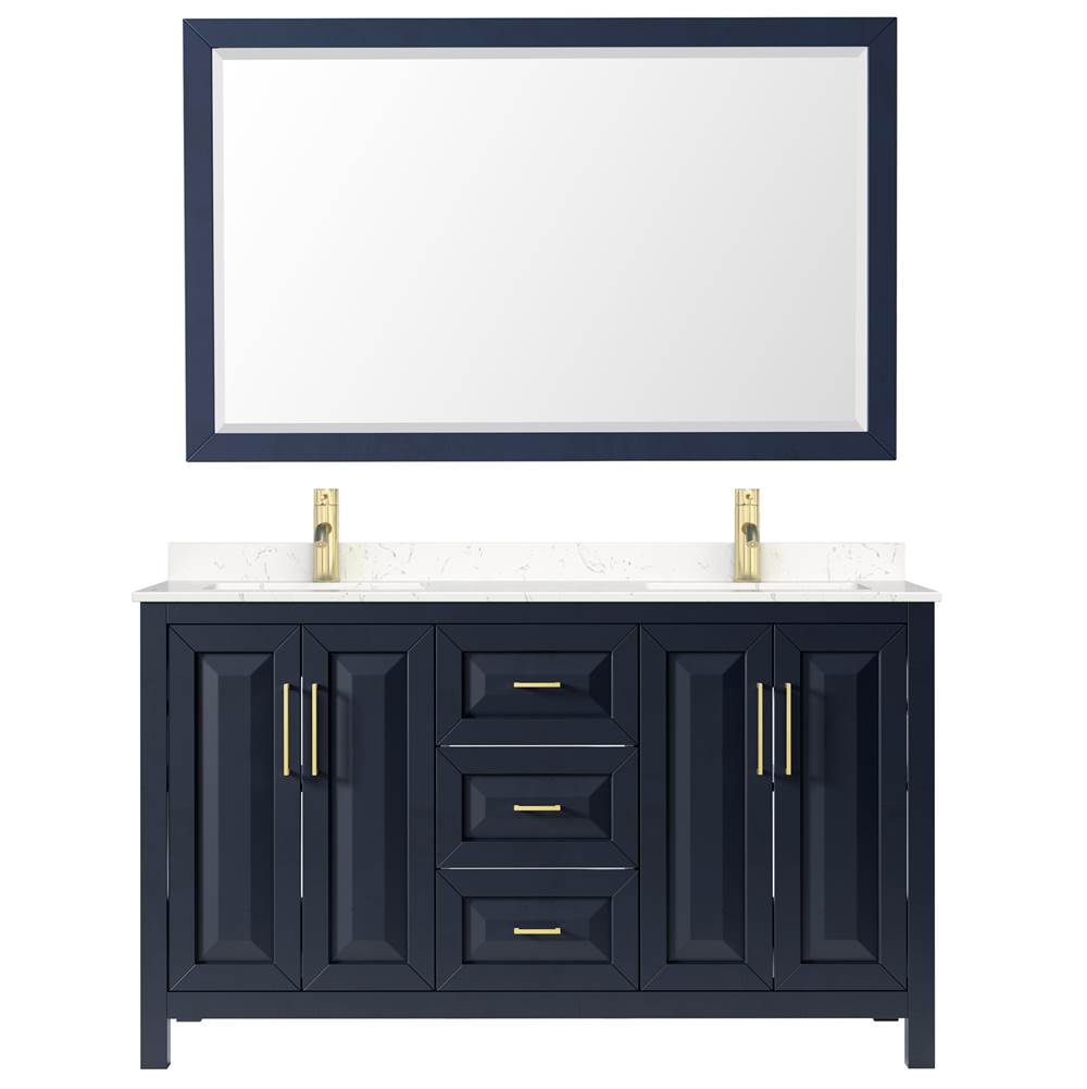 Daria 60 Inch Double Bathroom Vanity in Dark Blue, Carrara Cultured Marble Countertop, Undermount Square Sinks, 58 Inch Mirror