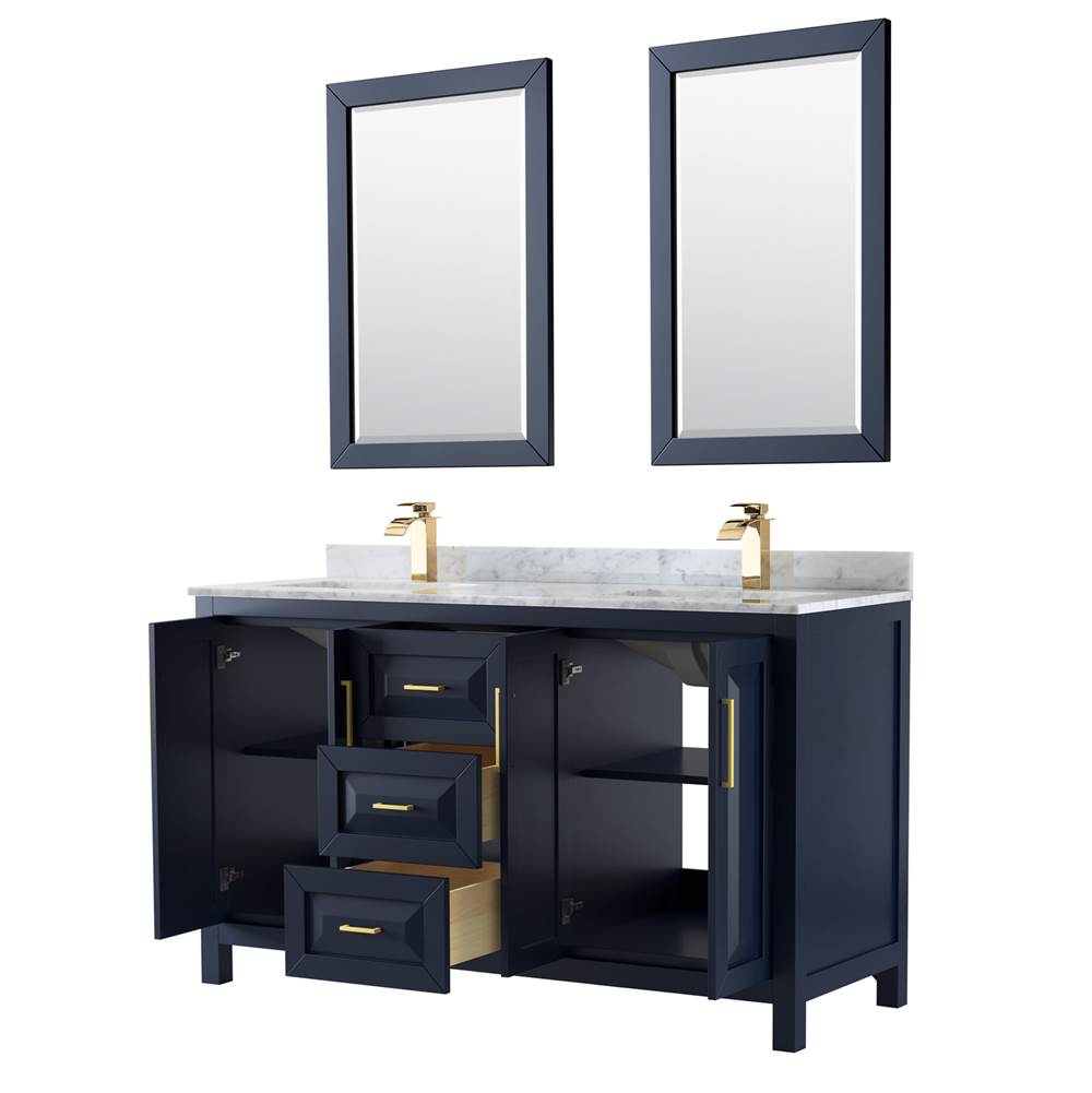 Daria 60 Inch Double Bathroom Vanity in Dark Blue, White Carrara Marble Countertop, Undermount Square Sinks, 24 Inch Mirrors