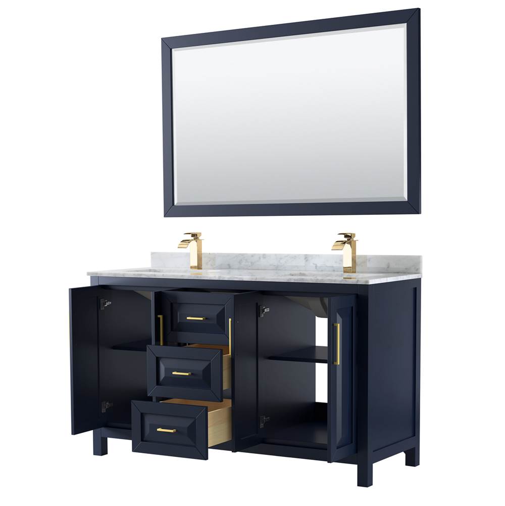 Daria 60 Inch Double Bathroom Vanity in Dark Blue, White Carrara Marble Countertop, Undermount Square Sinks, 58 Inch Mirror