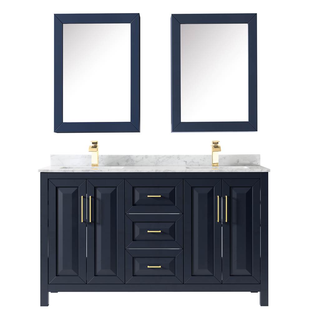 Daria 60 Inch Double Bathroom Vanity in Dark Blue, White Carrara Marble Countertop, Undermount Square Sinks, Medicine Cabinets