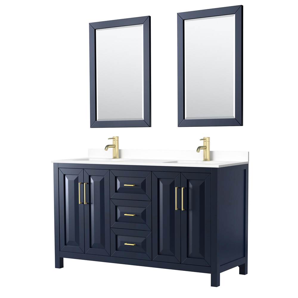 Wyndham Collection - Daria 60 Inch Double Bathroom Vanity in Dark Blue, White Cultured Marble Countertop, Undermount Square Sinks, 24 Inch Mirrors