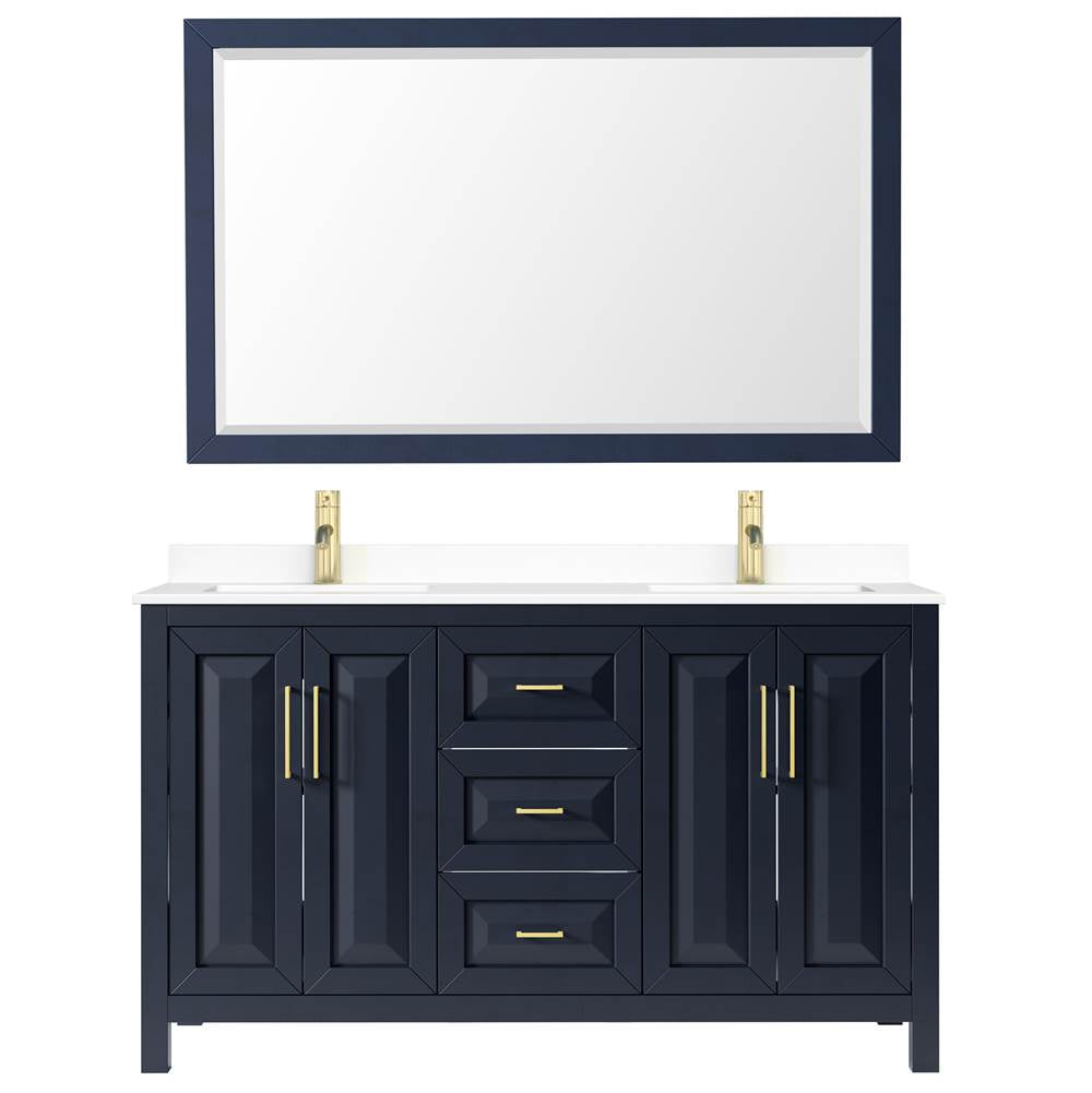Daria 60 Inch Double Bathroom Vanity in Dark Blue, White Cultured Marble Countertop, Undermount Square Sinks, 58 Inch Mirror