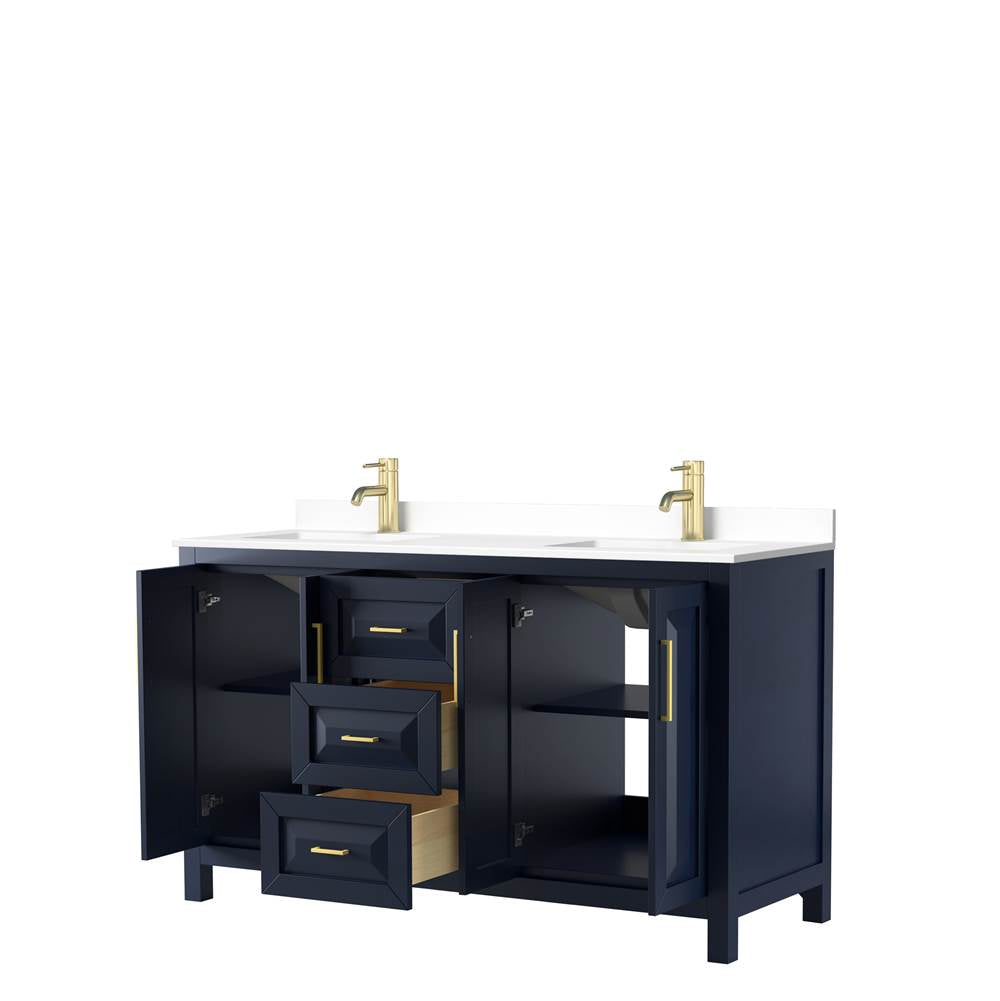 Daria 60 Inch Double Bathroom Vanity in Dark Blue, White Cultured Marble Countertop, Undermount Square Sinks, No Mirror