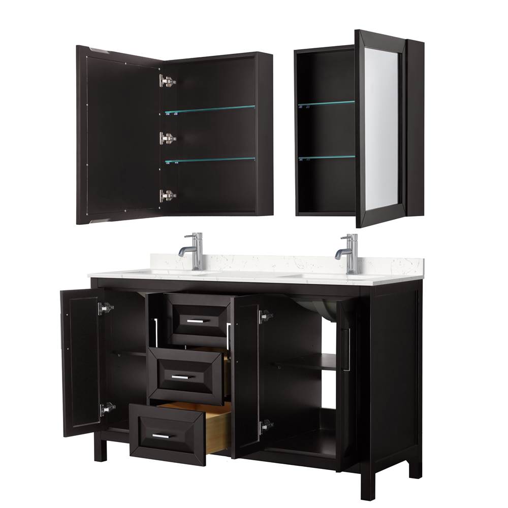 Daria 60 Inch Double Bathroom Vanity in Dark Espresso, Carrara Cultured Marble Countertop, Undermount Square Sinks, Medicine Cabinets