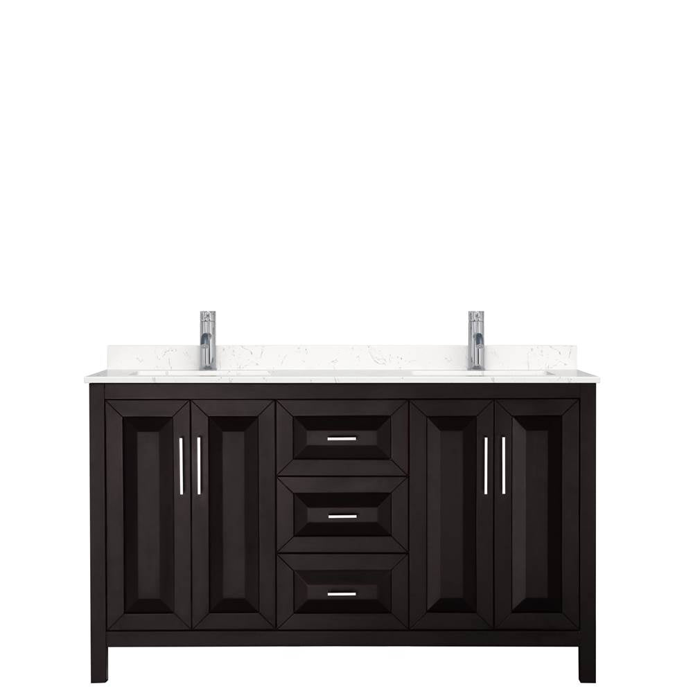 Daria 60 Inch Double Bathroom Vanity in Dark Espresso, Carrara Cultured Marble Countertop, Undermount Square Sinks, No Mirror