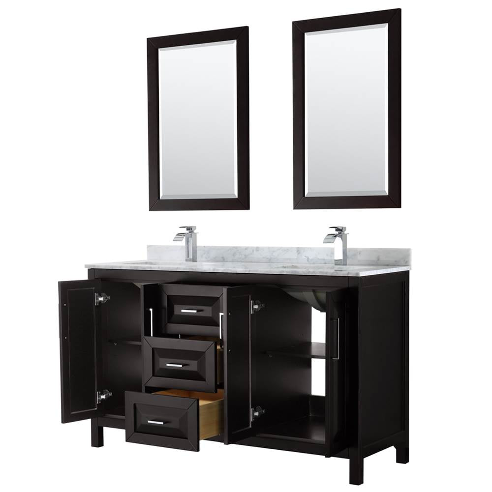 Daria 60 Inch Double Bathroom Vanity in Dark Blue, White Carrara Marble Countertop, Undermount Square Sinks, 24 Inch Mirrors