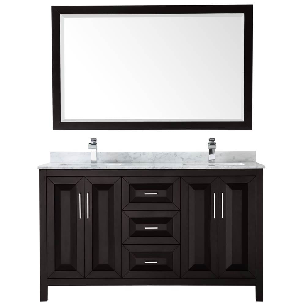 Daria 60 Inch Double Bathroom Vanity in Dark Blue, White Carrara Marble Countertop, Undermount Square Sinks, 58 Inch Mirror