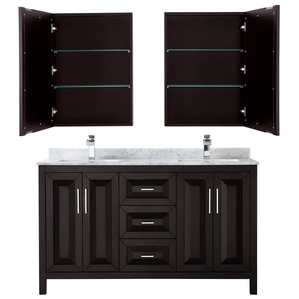 Daria 60 Inch Double Bathroom Vanity in Dark Blue, White Carrara Marble Countertop, Undermount Square Sinks, Medicine Cabinets