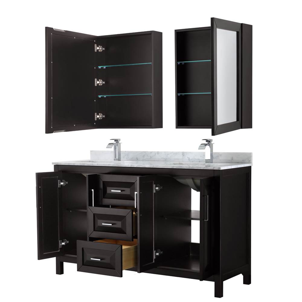 Daria 60 Inch Double Bathroom Vanity in Dark Blue, White Carrara Marble Countertop, Undermount Square Sinks, Medicine Cabinets