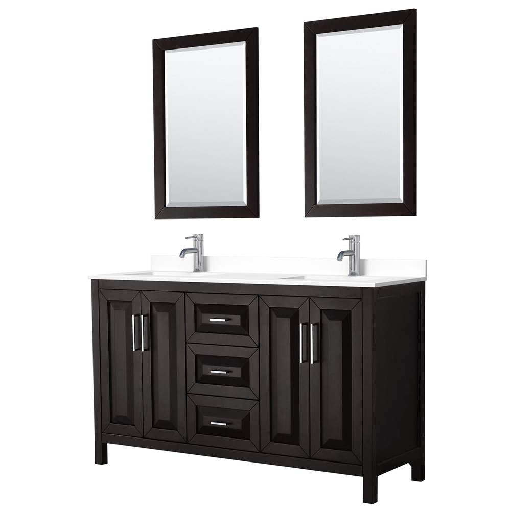Wyndham Collection - Daria 60 Inch Double Bathroom Vanity in Dark Espresso, White Cultured Marble Countertop, Undermount Square Sinks, 24 Inch Mirrors